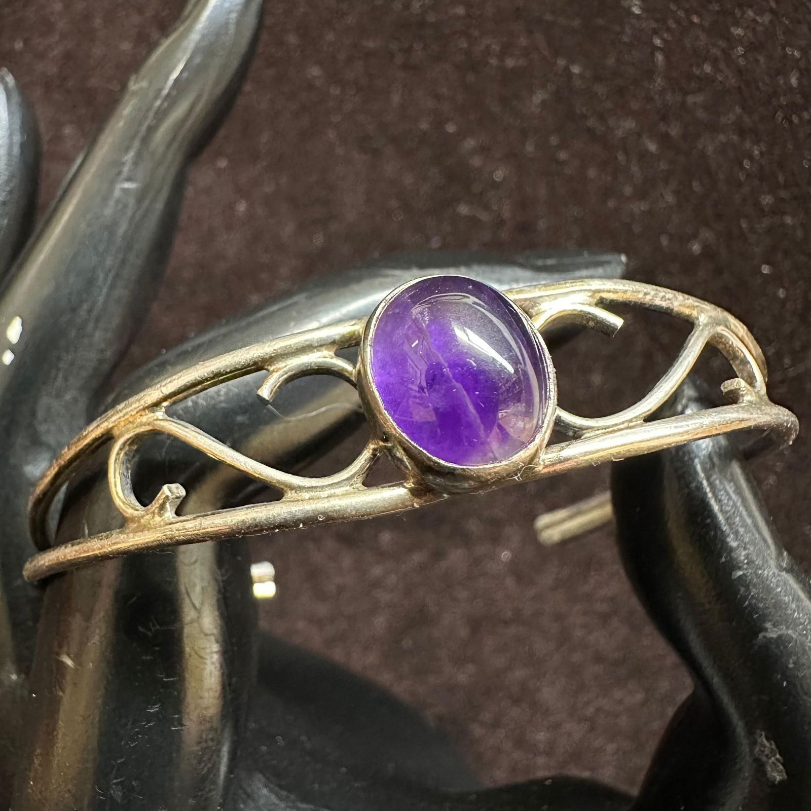 Purple Oval Amethyst Stone Silverwork Ornate Fine Bracelet Unmarked Silver: This item is in good pre-owned, previously used/displayed condition with noticeable light wear and surface scratches. Please reference all photos for full details. This piece of jewelry has been teste