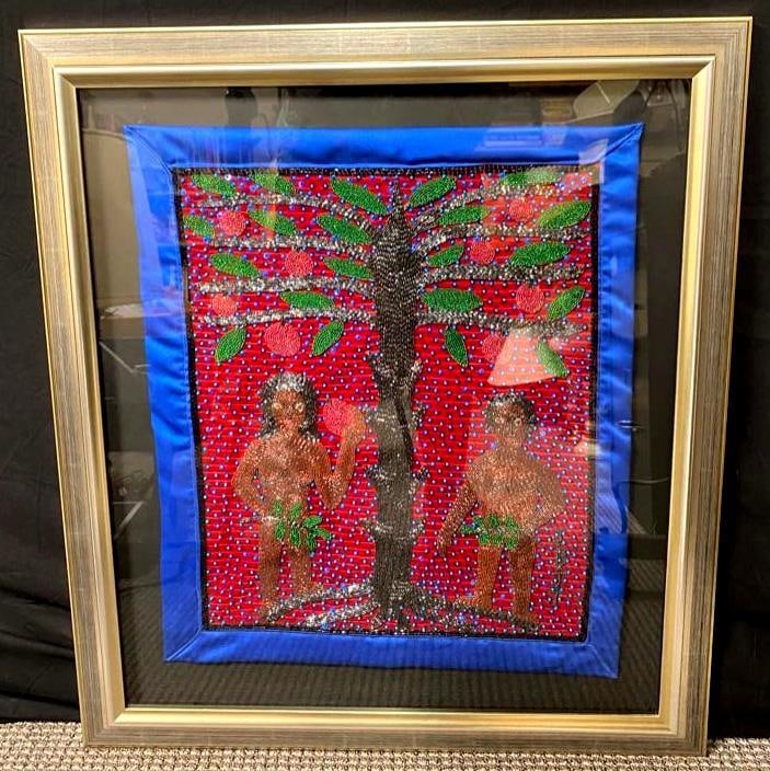 Jean Baptiste Jean Joseph Voodoo Flag Adam & Eve: Jean Baptiste Jean Joseph Voodoo Flag Adam & Eve Vintage Voodoo flag by Haitian artist and Voodou priest Jean Baptiste Jean Joseph. The piece depicts Adam and Eve as a naked man and woman under a