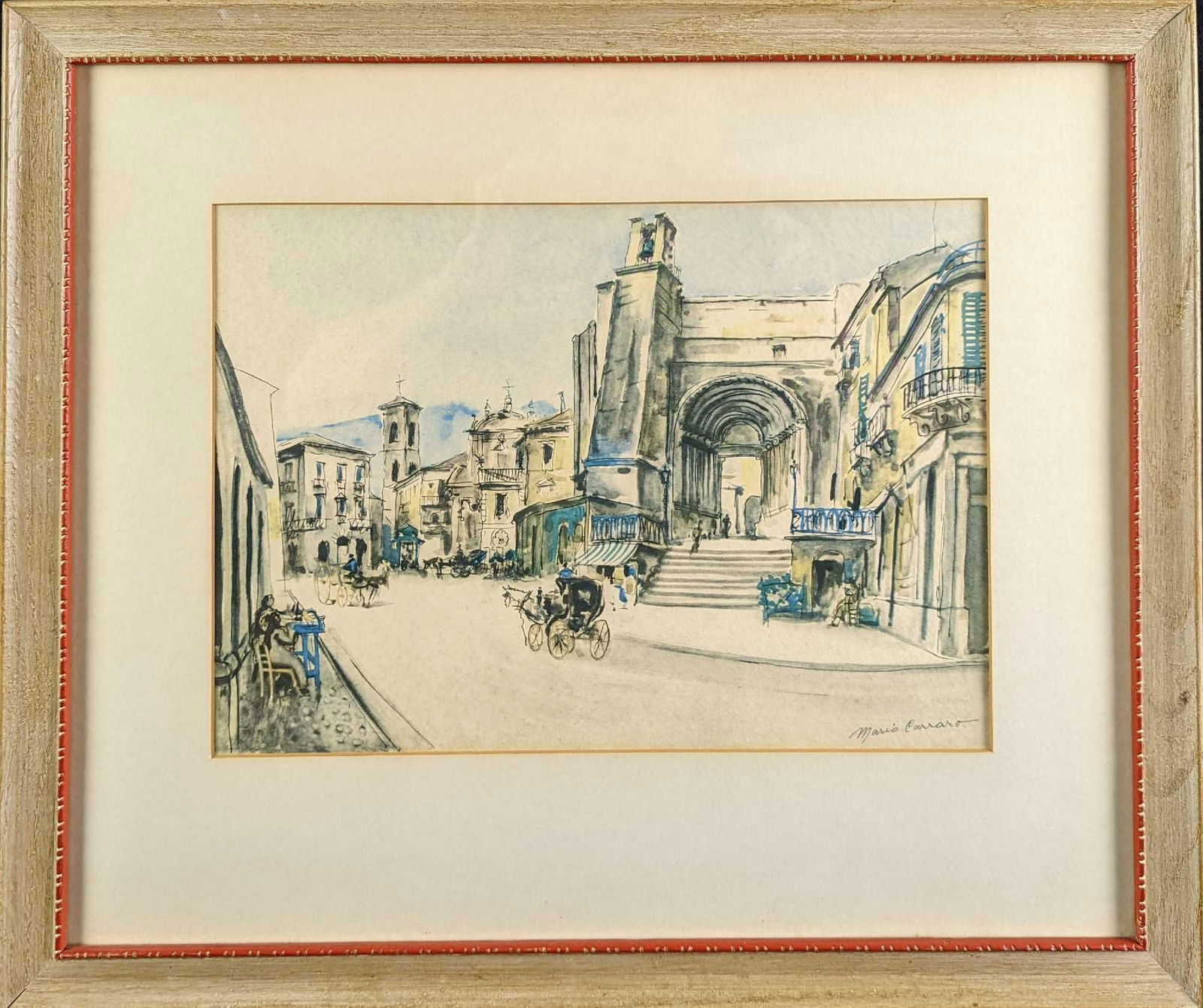 JB Framed Mario Carraro Piazza Del Carmine Print: Matted & framed watercolor print of the Piazza Del Carmine by Mario Carraro. The framed print is approx 20 1/4" x 1" x 17" and it weighs 3.5lbs. The print/image is approx 13" x 9 1