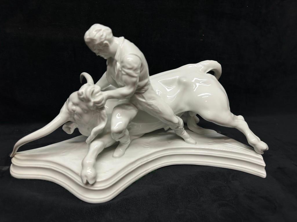 Herend Blanc de Chine Bullfighter Porcelain Statue R154: Herend blanc de chine porcelain sculpture depicting a bullfighter grappling a bull. Glossy white finish, fine details in the figure and animal. Marked "HEREND" and "5474" on base. No visible chips,