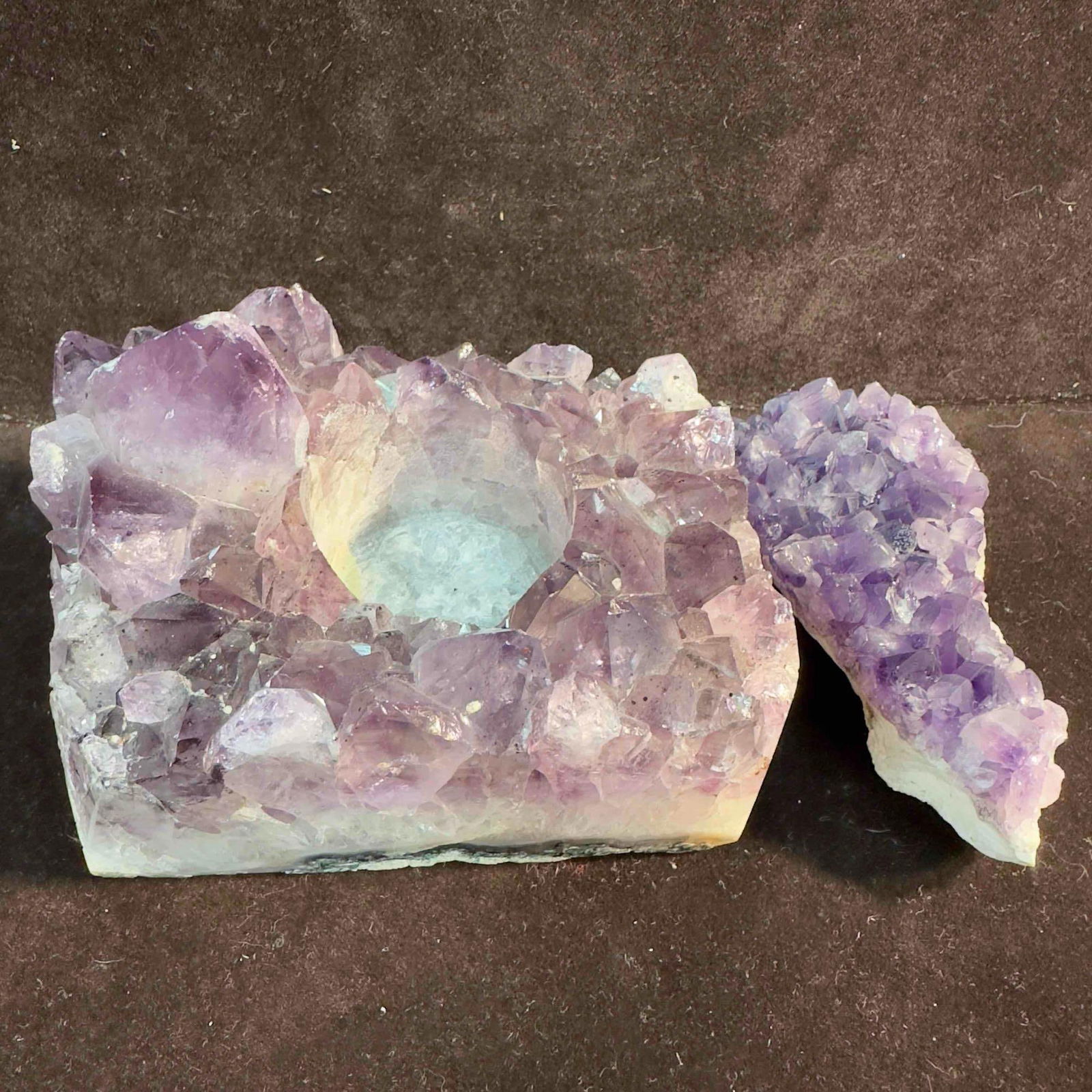 Amethyst Purple Quartz Stone Crystal Candle Holder and Rock Set: Amethyst Purple Quartz Stone Crystal Candle Holder and Rock Set. One piece is a candle holder the other is a rock. Each piece showcases a beautiful purple color. These items are in good pre-owned,