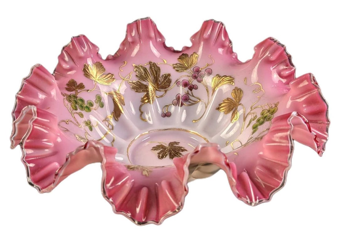 Large Ruffled Rim Grapevine Hand Painted Art Glass Bowl: Large Ruffled Rim Grapevine Hand Painted Art Glass Bowl. Maker and date of creation is unknown. The bowl has a hand painted gold design along with grapevines. The bowl is approx 11" x 12" x 4