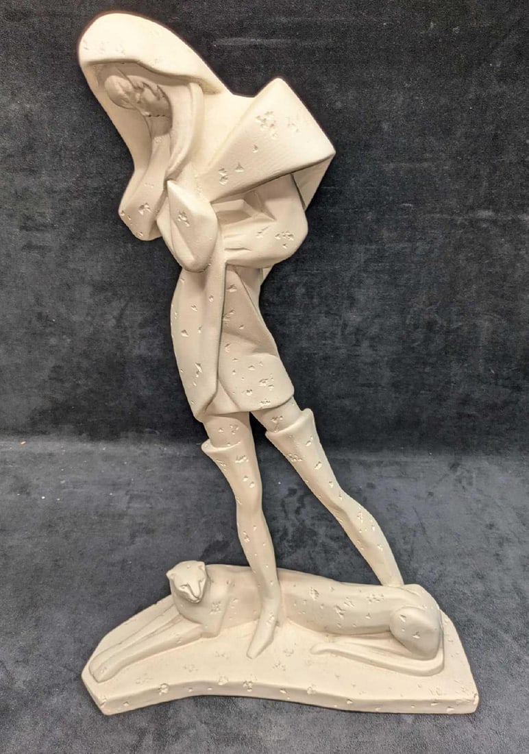 FDF Design Plaster Sculpture Woman With Cheetah: FDF Design Plaster Sculpture Woman With Cheetah. The company marking can be found on the bottom of the base. This is approx 14" x 6" x 21" and it weighs 8.10lbs. There is a small chip on the right