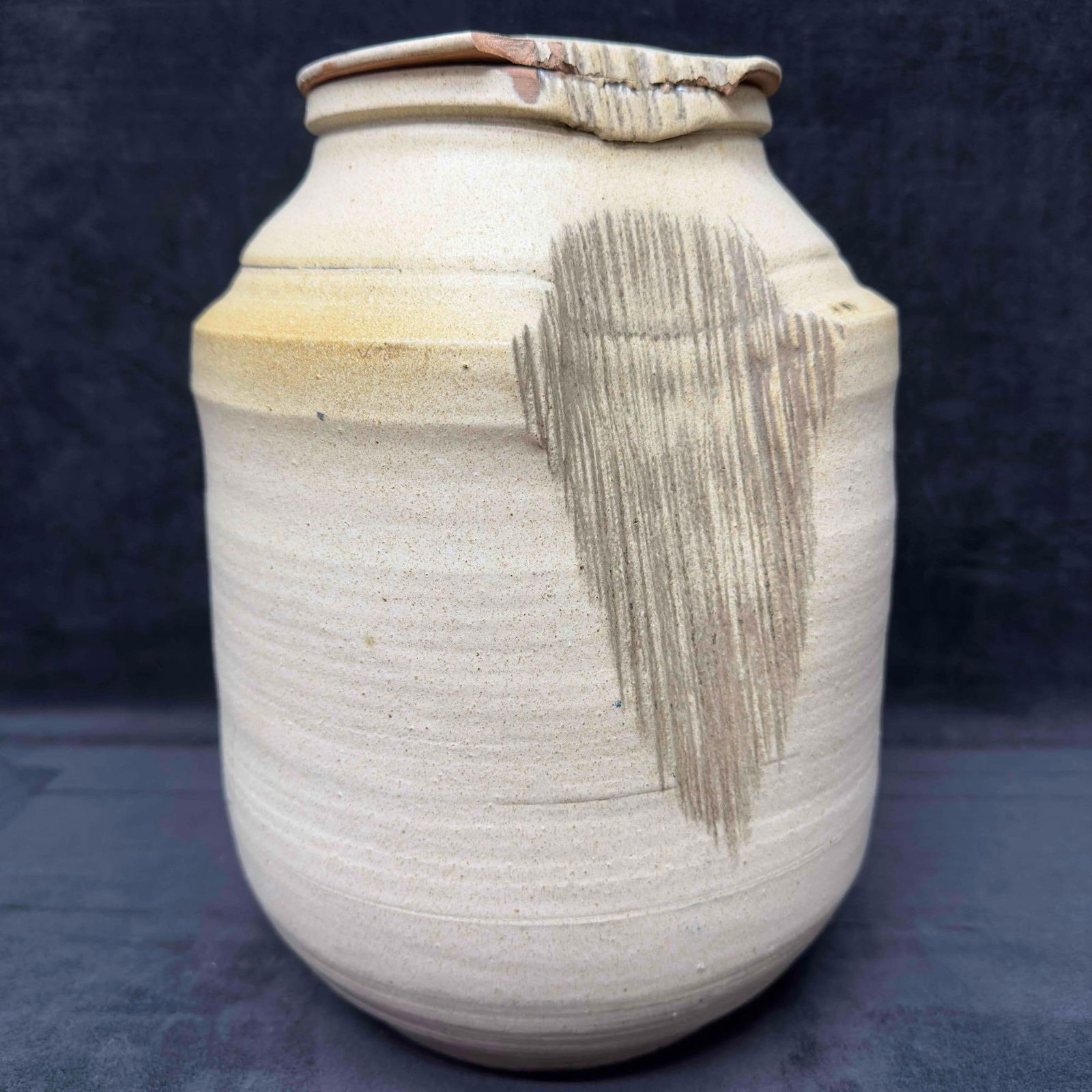 Large Pottery Ceramic Vase Pot Lidded Jar J: Large Pottery Ceramic Vase Pot Lidded Jar J. Unique break, cracked accent on the lid and the side of the piece. Pottery marked on the bottom, 11/76 S. Danals. This item is in good pre-owned,