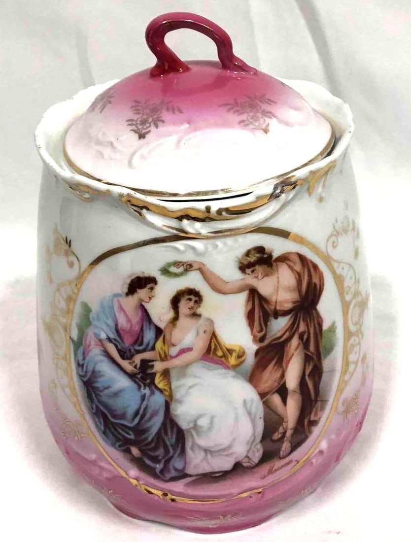 Antique Blenheim China Signed By Moreau Jar With Lid: This lot contains an antique Blenheim China jar with lid signed by Moreau. This jar was hand painted and embossed with gold for aesthetic purposes. It is approx 8" x 4 1/2" and weighs about 1.5lbs.