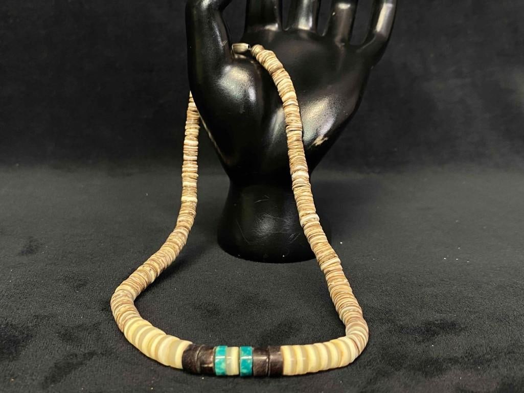 Vintage Sterling Natural Disc Beaded Turquoise Necklace: Vintage Sterling Piece. Please View all our pictures they are part of our description Style - NecklaceMetal - SterlingColor - MultiWeight - 33 gStones - NaturalCondition - VVG