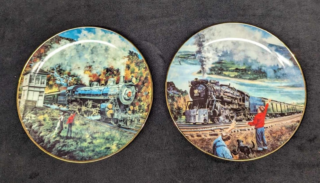 2 Train Jim Deneen Artaffects Porcelain Collector Plates C: 2 Train Jim Deneen Artaffects Porcelain Collector Plates C. This lot includes: (1) The Sunshine Special Limited By Jim Deneen Artaffects Porcelain Collector Plate. This is approx 8" x 8" x