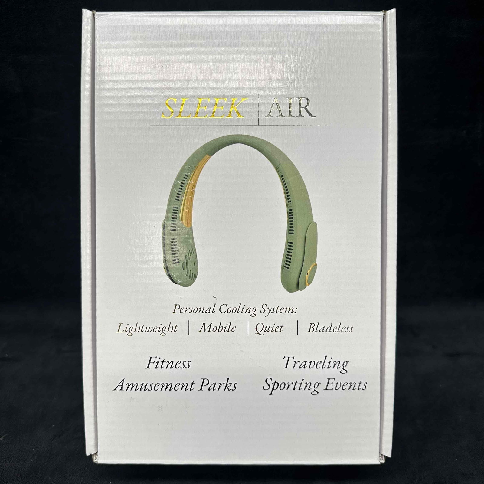 Sleek Air Personal Cooling System Neck Fan Lightweight Mobile Olive: Sealed in plastic like new. This item is in good like new, previously displayed condition with light wear, and surface scratches. Please reference all photos for full details. Box: 9 1/4" length