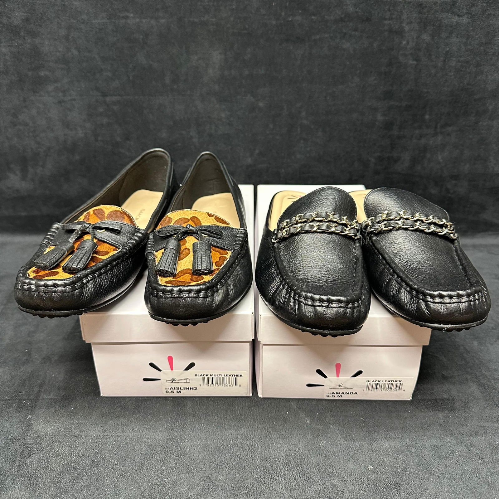 Isaac Mizrahi Women’s Loafer Lot Two Pairs Black Leather Size 9.5M: Set of two pairs of Isaac Mizrahi Live! genuine leather loafers in size 9.5 Medium. Includes: Aislinn 2 Loafers – black leather with leopard print pony hair accent and tassel detail. Amanda Loafers