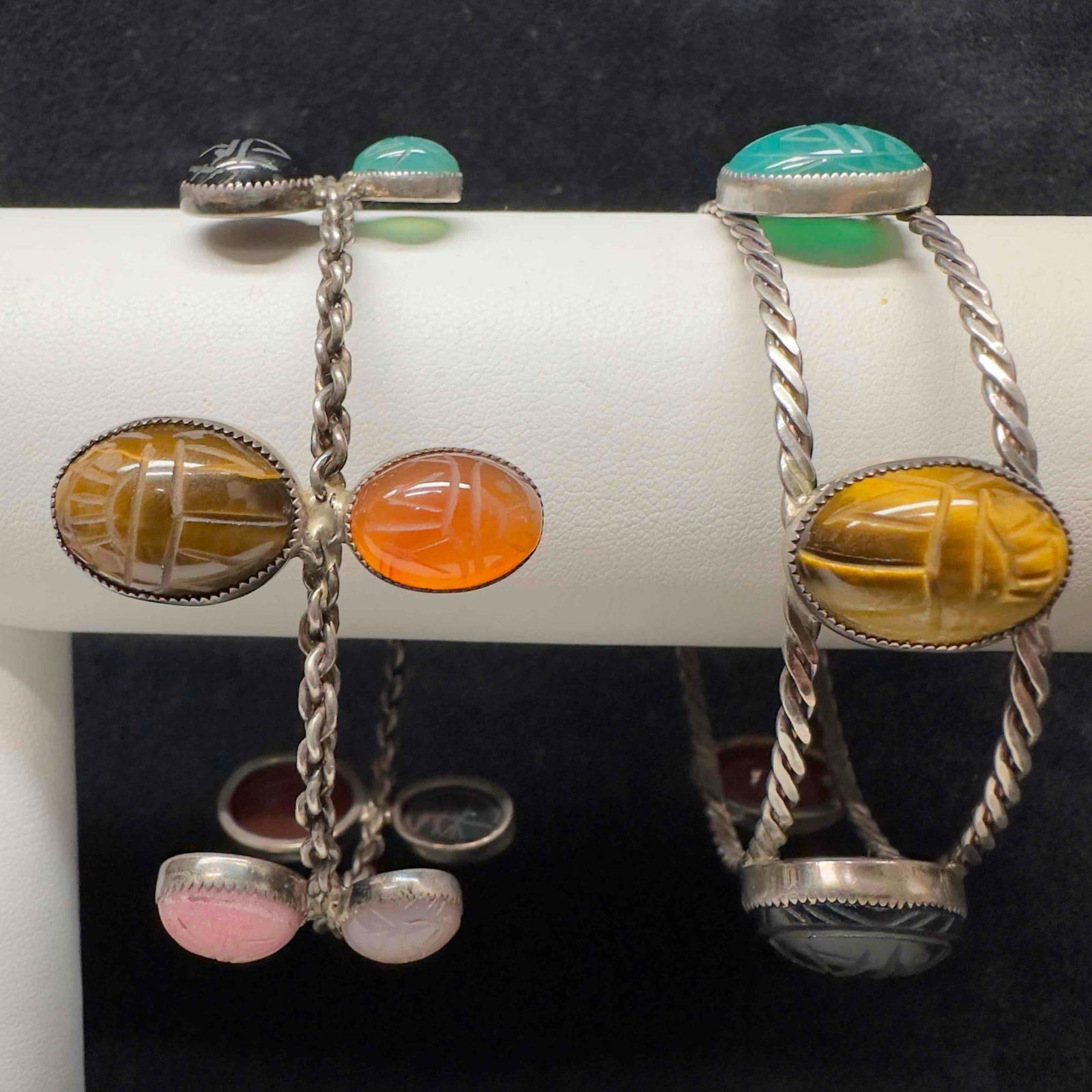 Scarab Beetle Egyptian Hieroglyphs Gemstone Multi Colored Gemstones Sterling Silver Bracelet Set: These pieces of jewelry have been tested and researched prior to listing. Please view all our pictures as they are part of our description. DETAILS: Metal - Sterling SilverColor - SilverStones -