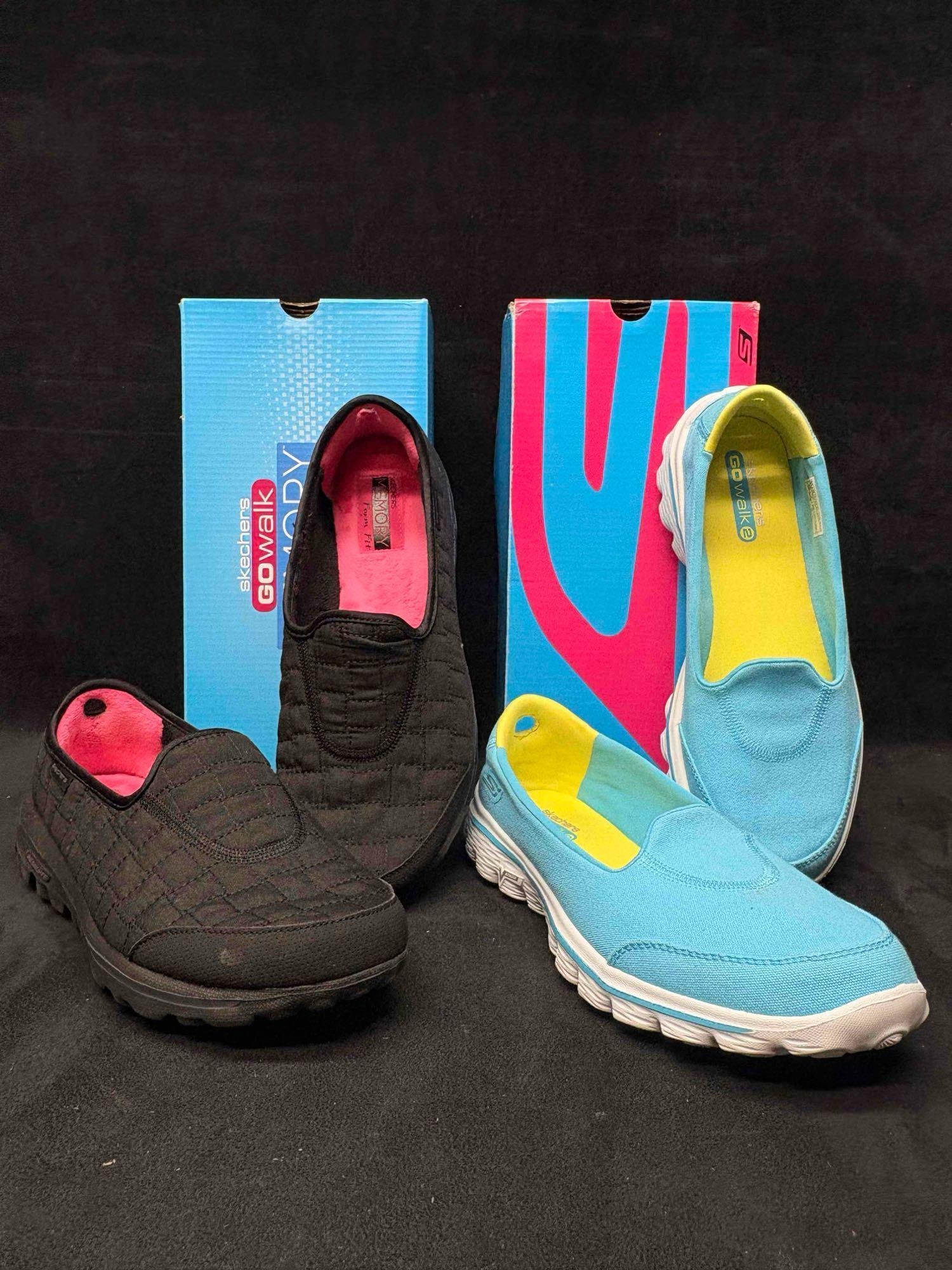 Sketchers GO Walk Series Slip-On Sneakers Bundle: Sitting in brand-new to like-new conditions, this bundle consists of orthopedic, comfort-focused Women's shoes. Still in their original boxes, both sneakers are in good shape with no