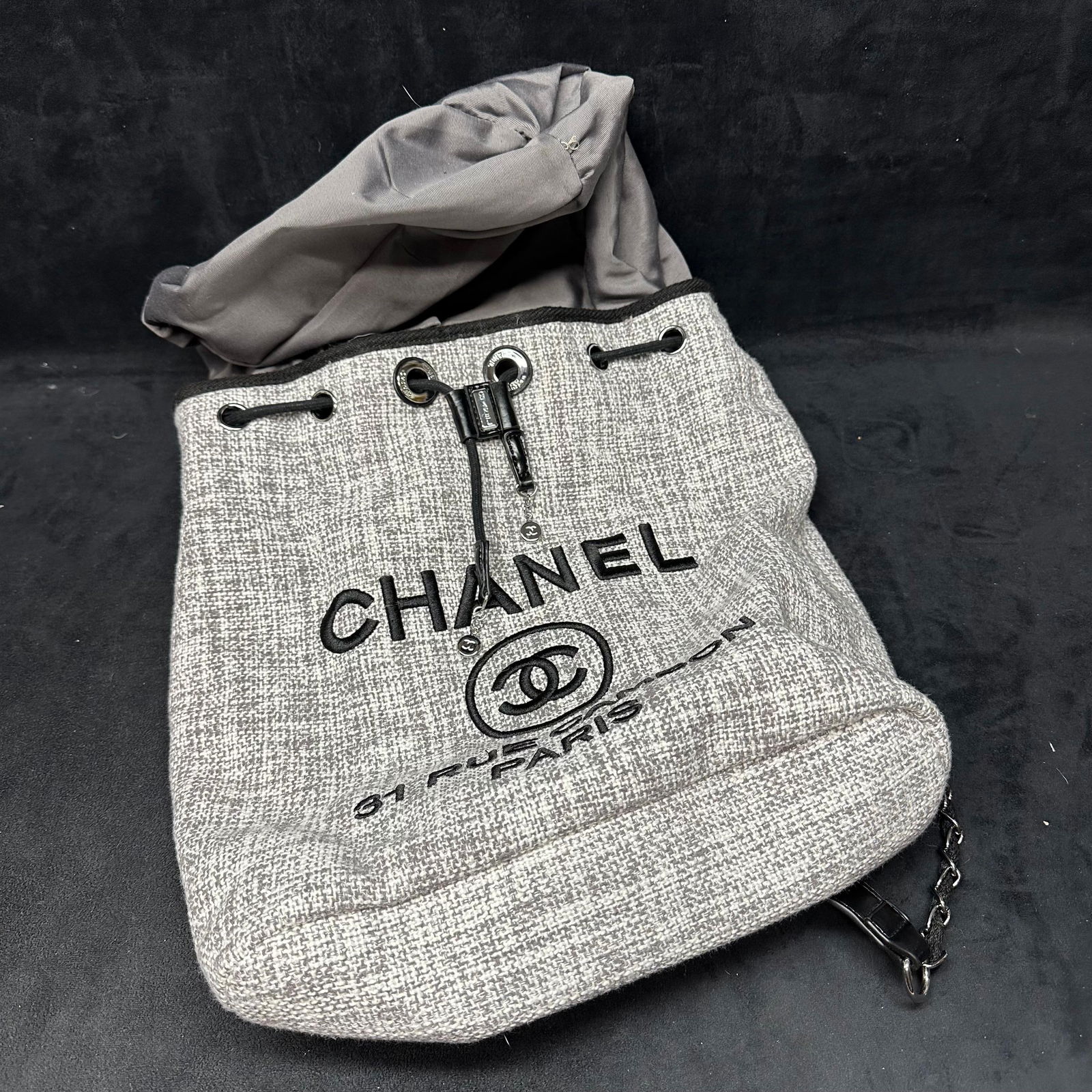 Designer Inspired Canvas Drawstring Backpack Black and Gray - 11