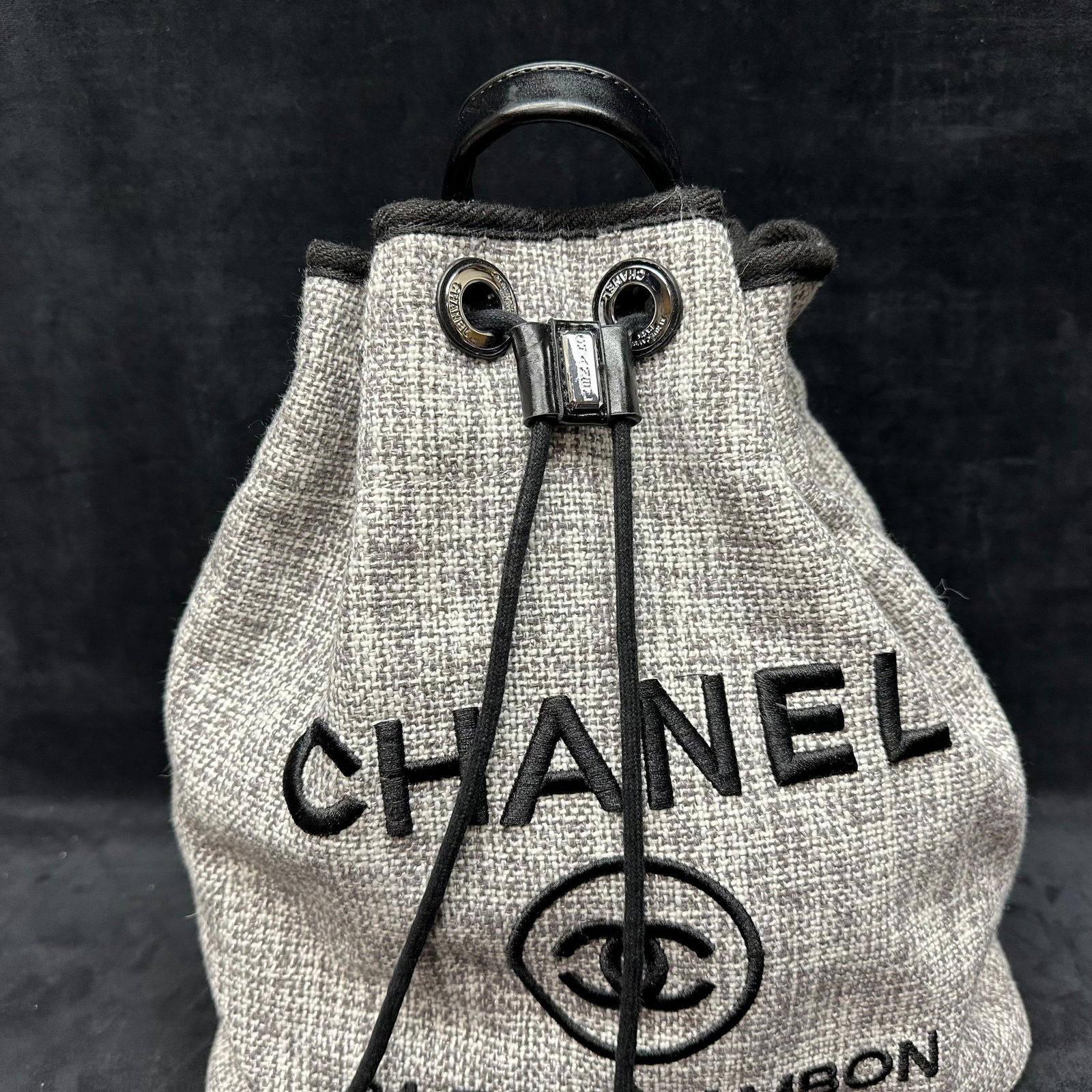 Designer Inspired Canvas Drawstring Backpack Black and Gray - 2