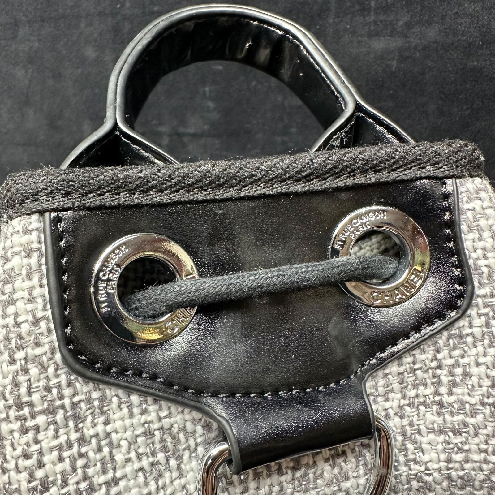 Designer Inspired Canvas Drawstring Backpack Black and Gray - 8