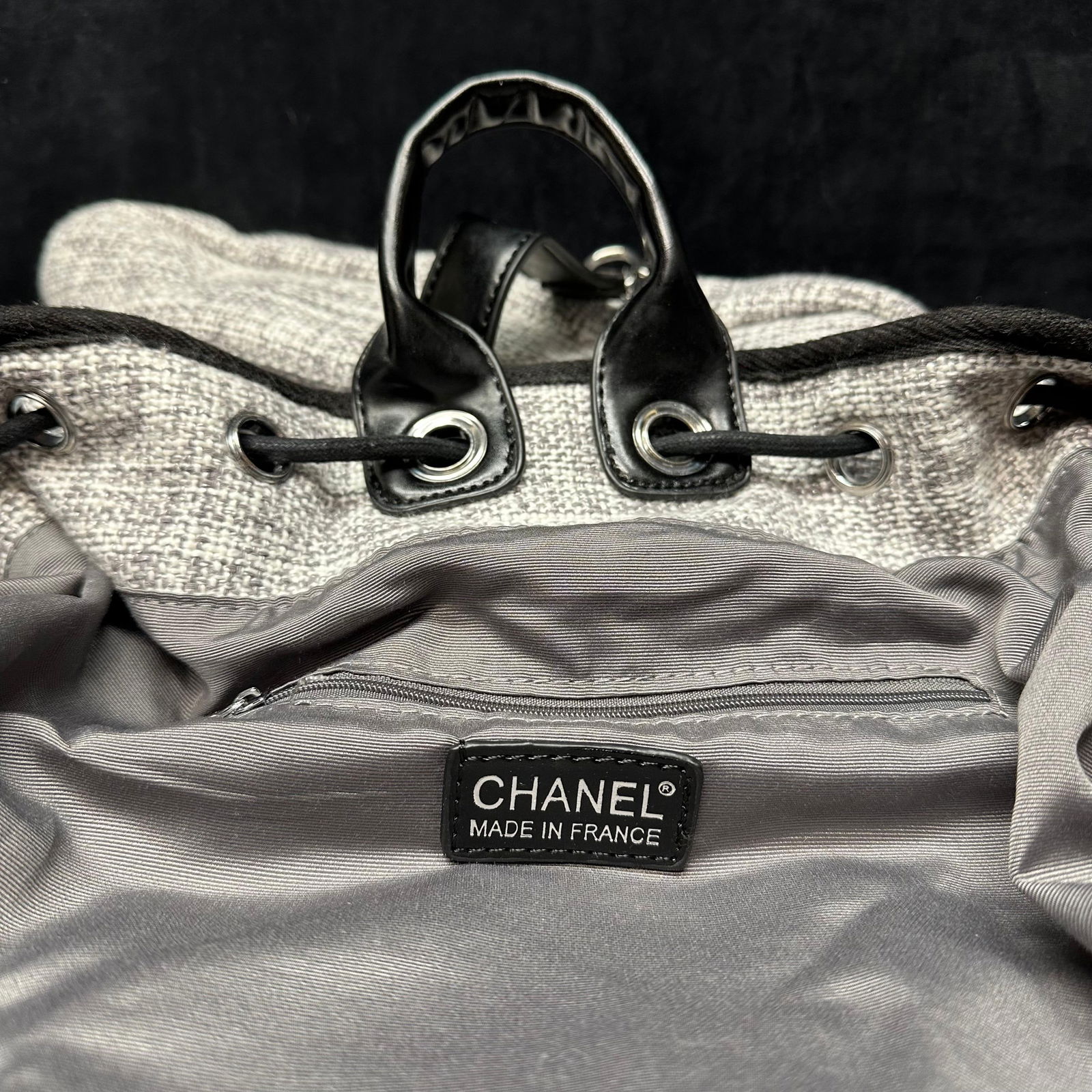 Designer Inspired Canvas Drawstring Backpack Black and Gray - 9