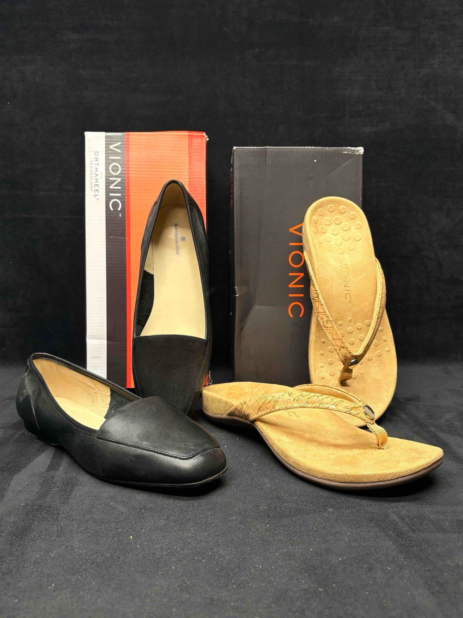 Vionic Gold Cork Sandals and Bandolino Square Toe Loafers Bundle: Sitting in brand-new to like-new conditions, this bundle consists of orthopedic, comfort-focused Women's shoes. The Vionic Sandal is still in their original box, both shoes are in good shape with