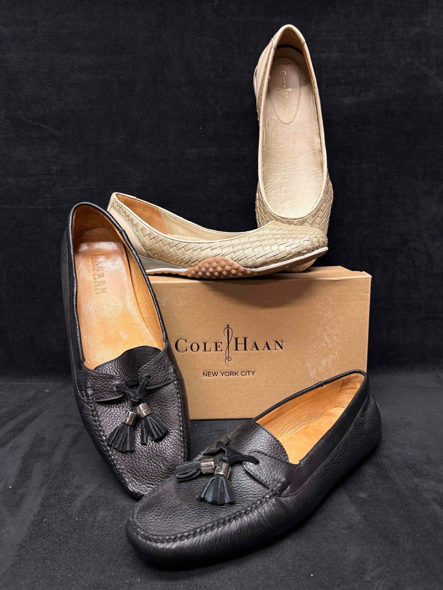 Ralph Lauren Leather Loafers and Cole Haan Woven Flats Bundle: Sitting in brand-new to like-new conditions, this bundle consists of orthopedic, comfort-focused Women's shoes. The Cole Haans are still in their original box, the Ralph Laurens are not. Both