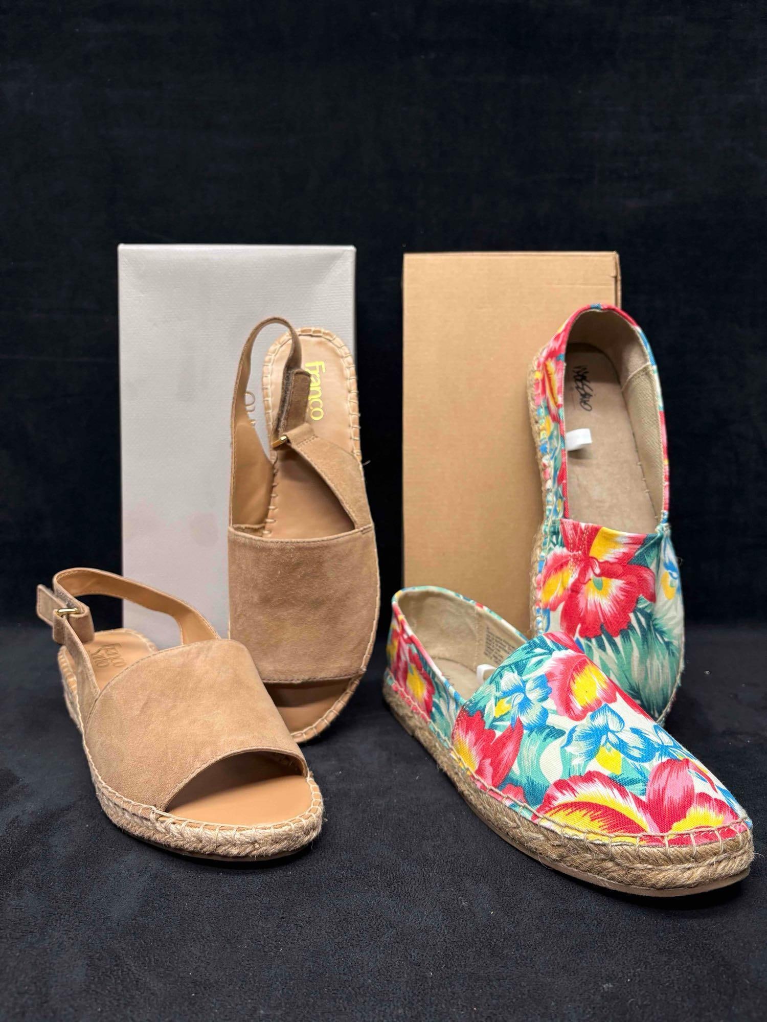Franco Sarto Suede Sandals and Mossimo Tropical Espadrilles Bundle: Sitting in brand-new to like-new conditions, this bundle consists of orthopedic, comfort-focused Women's shoes. Still in their original boxes, both shoes are in good shape with no