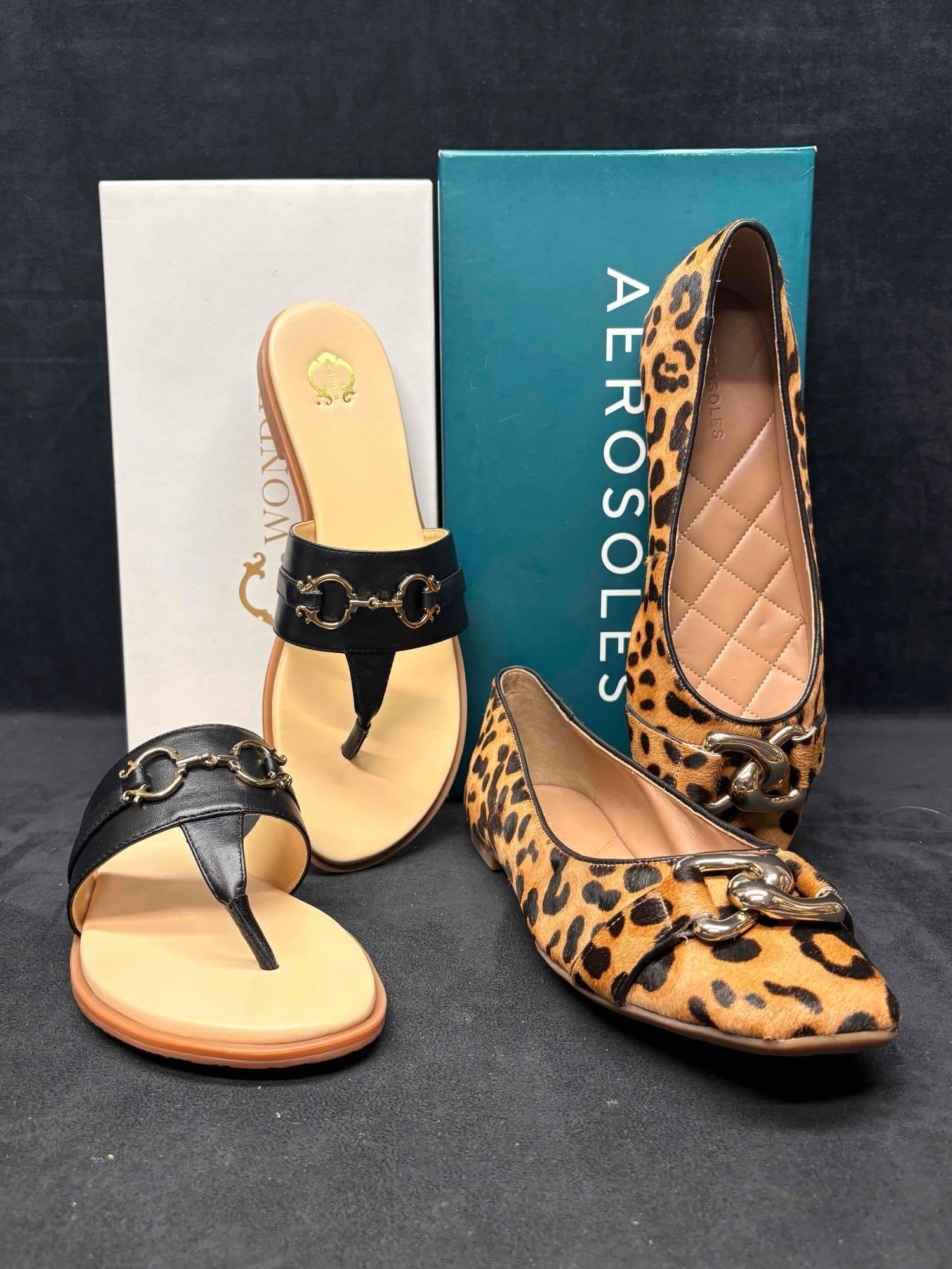 Aerosoles Leopard Ballet Flats and C. Wonder Black Leather Thong Sandals Bundle: Sitting in brand-new to like-new conditions, this bundle consists of orthopedic, comfort-focused Women's shoes. Still in their original boxes, both shoes are in good shape with no visible/noticeab