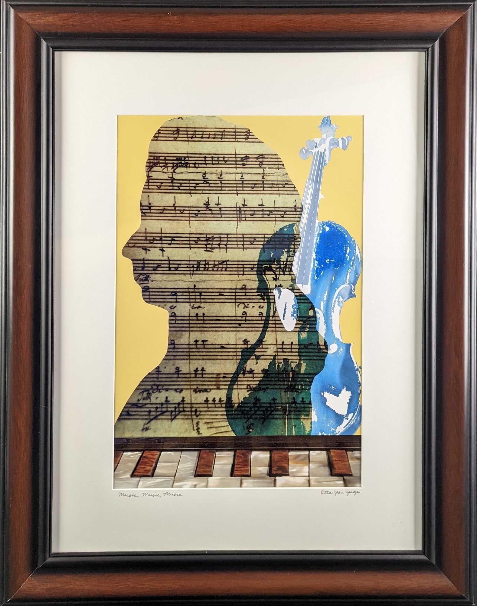 Framed Etta Jean Juge Music Music Music Photo: Framed Etta Jean Juge "Music Music Music" Photo. The framed photo is approx 22 1/2" x 1" x 28 1/2" and it weighs 6lbs. The photo/image is approx 11 3/4" x 17 1/2". The