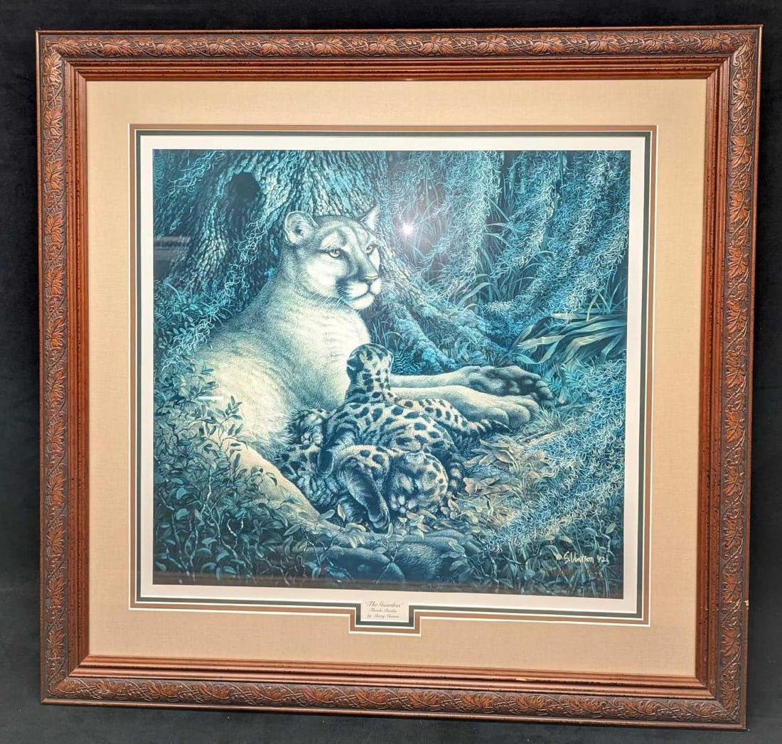 The Guardian Sherry Vintson Florida Panther Print: The Guardian Sherry Vintson Florida Panther Print. The print was signed by the artist near the bottom right of the print, under the printed signature. The framed print is approx 29 1/2" x 1" x 28