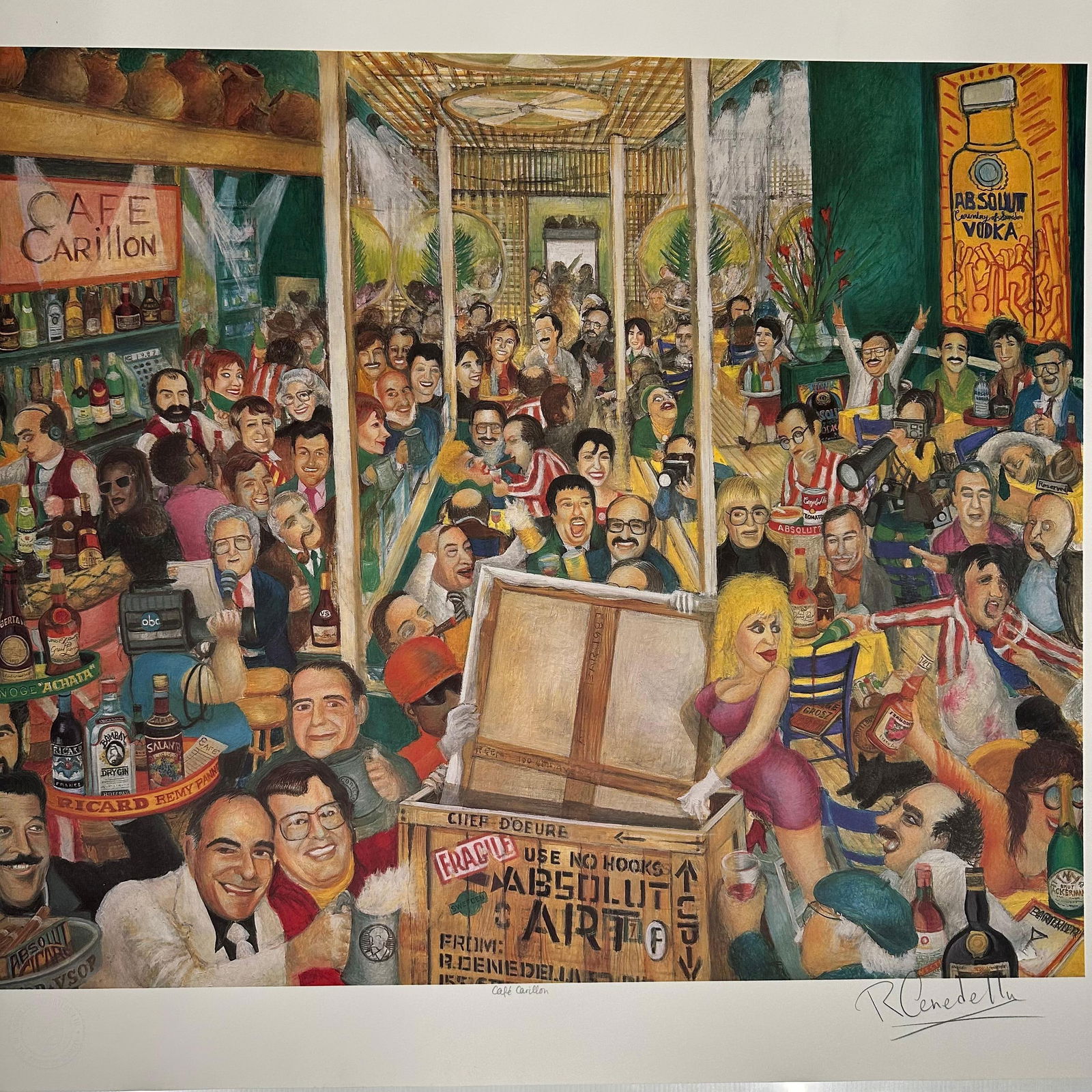 Absolut Robert Cenedella Cafe Carillon Hand Signed Numbered Lithograph Color Print 217/300: Absolut Robert Cenedella Cafe Carillon Hand Signed Numbered Lithograph Color Print 217/300. Artist signed hand numbered 217 of 300 limited edition print. Absolut Cenedella Café Carillon 1987 brings