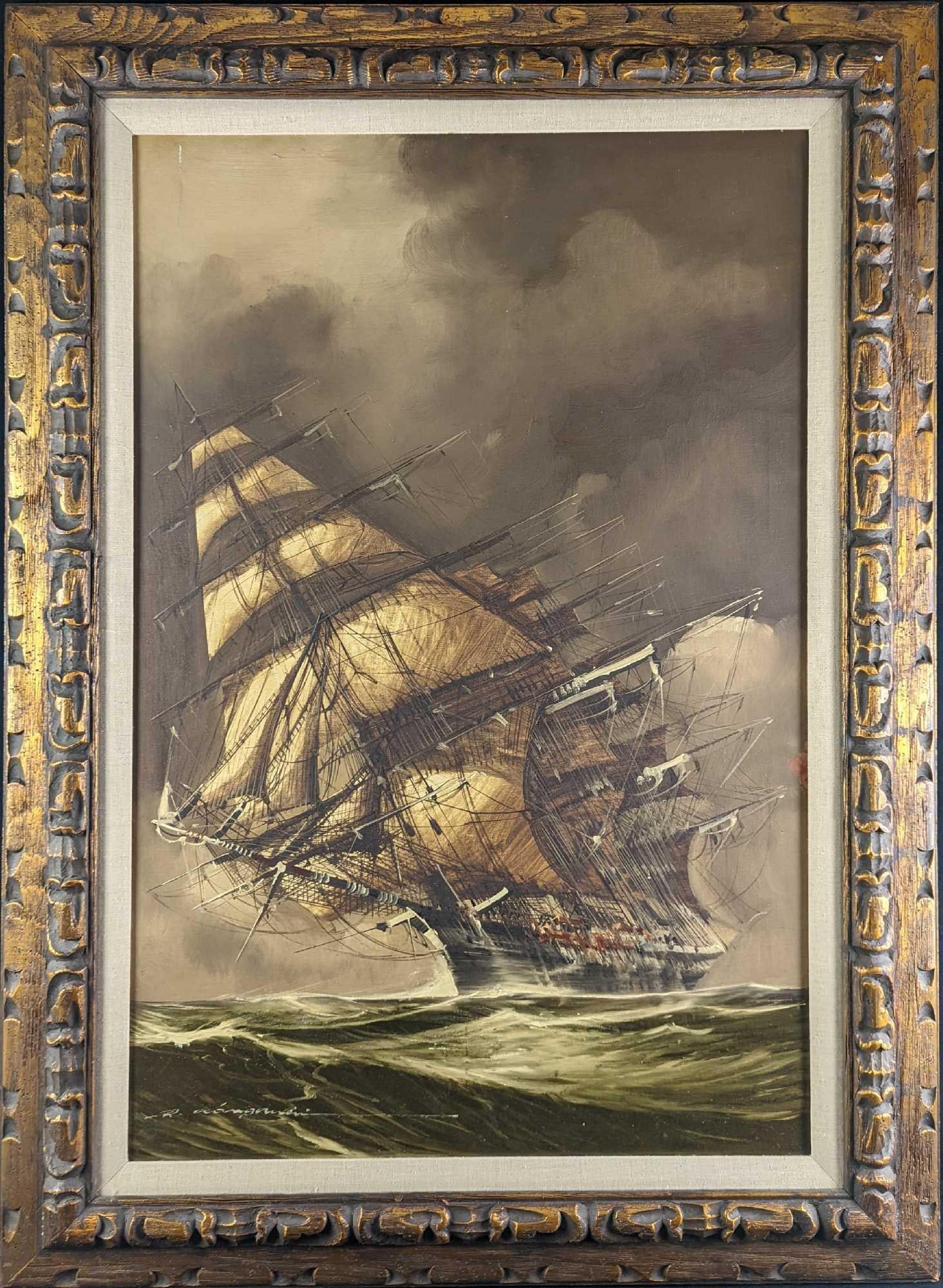 JB Vintage Framed Oil Canvas Clipper Ship Renato Longanesi: Here is an large framed oil painting of an clipper ship by artist Renato Longanesi. The framed original is approx 32" x 2" x 44 3/4" and it weighs 9.5lbs. The canvas itself is approx 24" x 37".