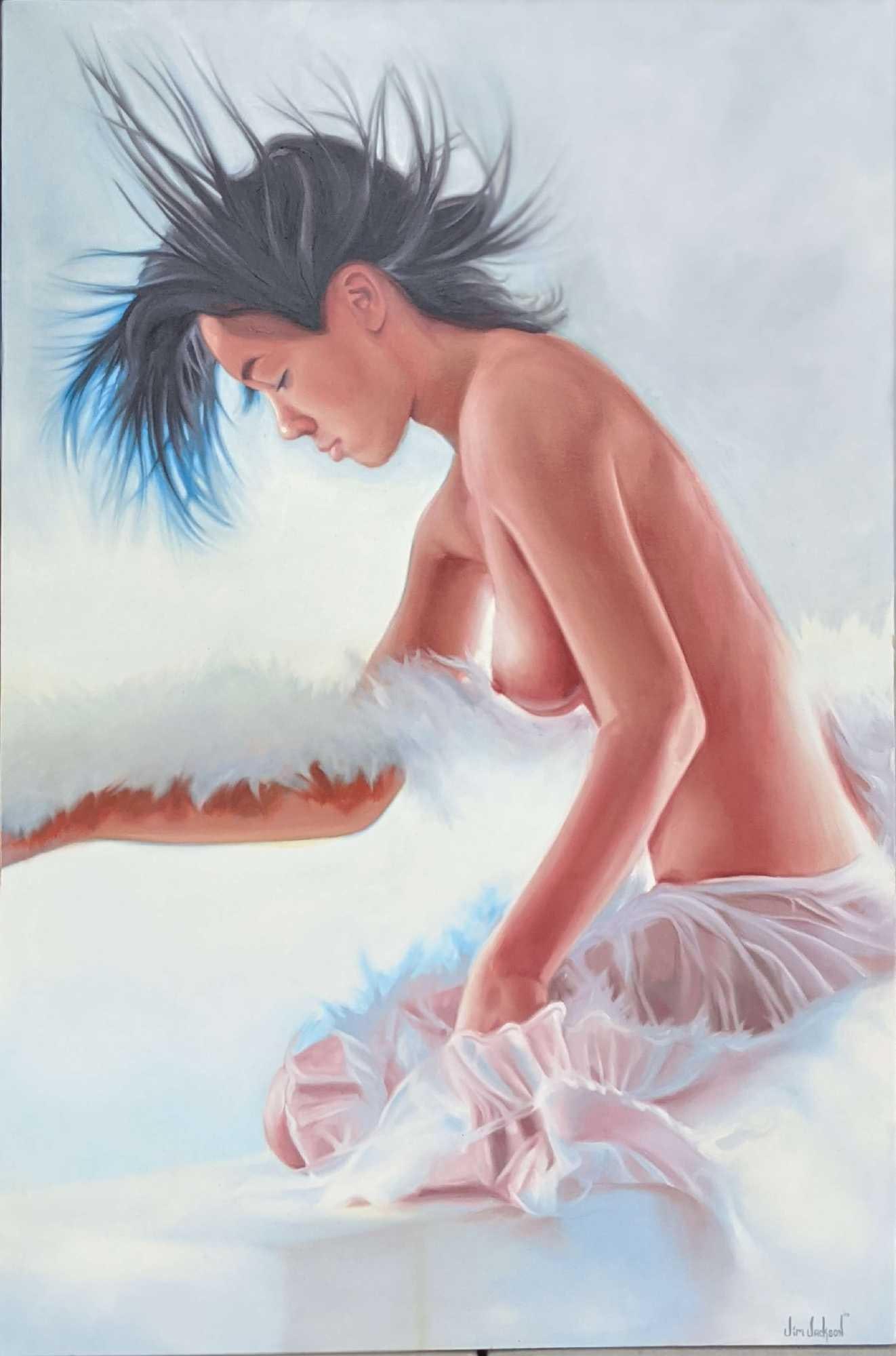 Large Original Acrylic On Canvas Jim Jackson Of A Topless Woman: Large Original Acrylic On Canvas Jim Jackson Of A Topless Woman. Was originally painted by Orlando native Jim Jackson in 2009. This original is approx 47 3/4" x 1 1/2" x 72" and it weighs 7.50lbs.