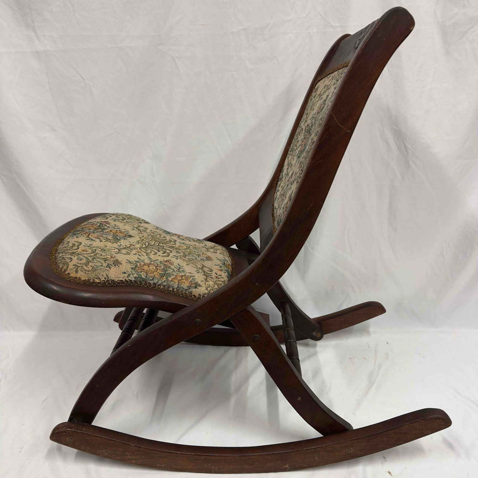 Antique Folding Victorian Style Wooden Rocking Chair Floral Tapestry Accents (1 of 15)