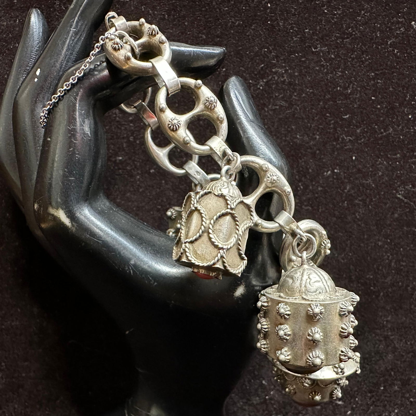 800 Silver Charm Puff Mariner Chain Style Bracelet Five Stone Charms Q52 (1 of 9)