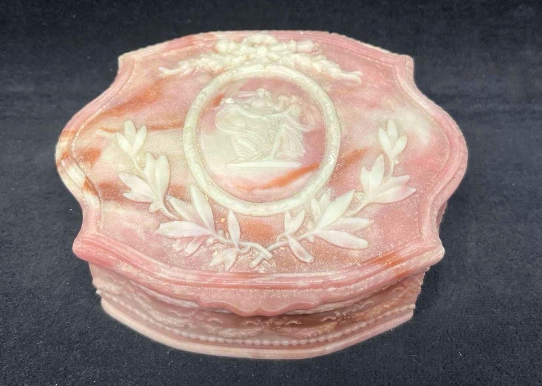 Vintage Art Nouveau Pink Incolay Stone Trinket Box Made In The U.S.A: This lot contains a Vintage Art Nouveau Pink Incolay Stone Trinket Box Made In The U.S.A. The approx. weight and dimensions are listed below. Overall the Incolay Stone Trinket Box is in good pre