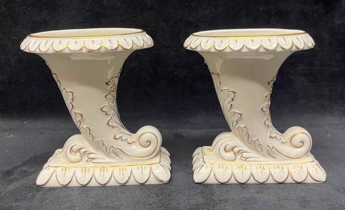 Two Vintage Ceramic Cornucopia Horn Vases Made In Portugal: This lot contains Two Vintage Ceramic Cornucopia Horn Vases Made In Portugal. The approx. weight and dimensions are listed below. Overall the vases are in good pre owned condition with some minor