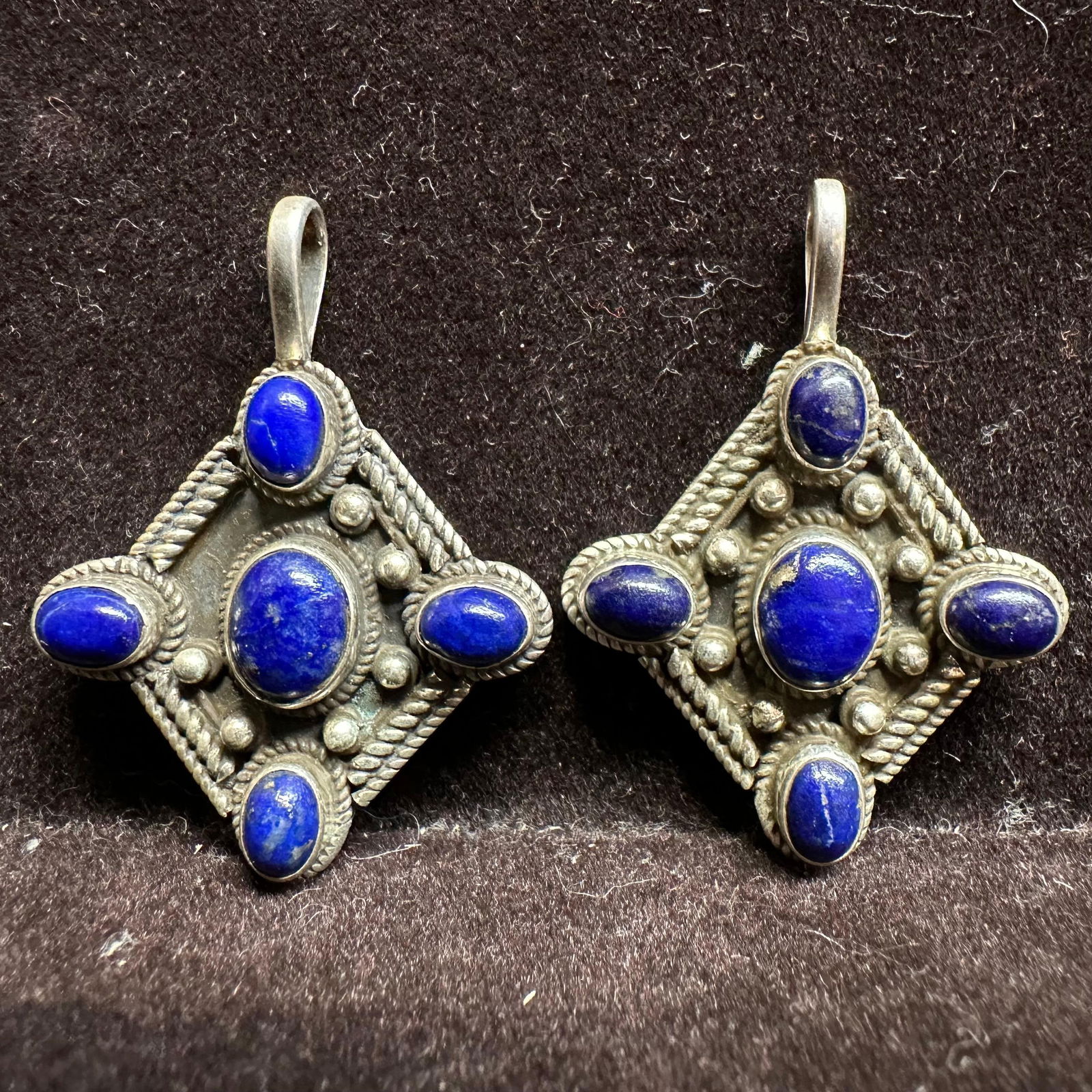 Nepali Style Lapis Lazuli Blue Gemstone Pendant Set Sterling Silver Pair: This item is in good pre-owned, previously used/displayed condition with noticeable light wear and surface scratches. Please reference all photos for full details. This piece of jewelry has been