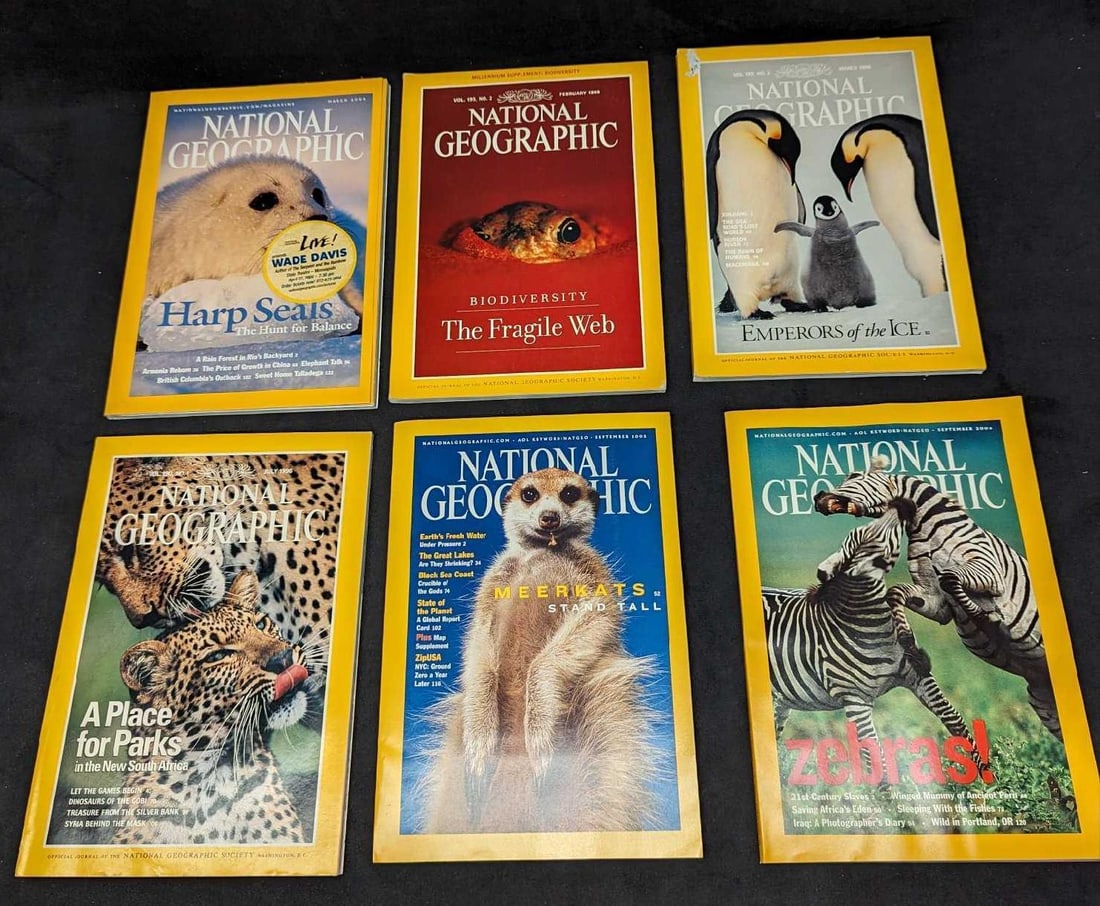 6 Cute Animals National Geographic Magazines: 6 Cute Animals National Geographic Magazines. This lot includes: (1) September 2002 - Meerkats Stand Tall. (1) July 1996 - A Place For Parks in The New South Africa. (1) September 2003