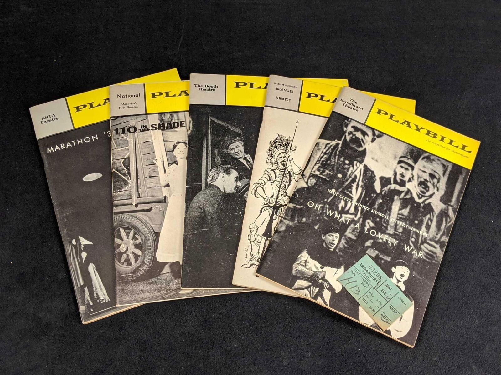 Vintage 1960s Playbill Magazine Lot Of Five: This lot includes vintage Playbill magazines and each are packaged in an protective bag and boards. Magazines are in good, vintage condition Magazines are in good, vintage condition with minor shelf-w