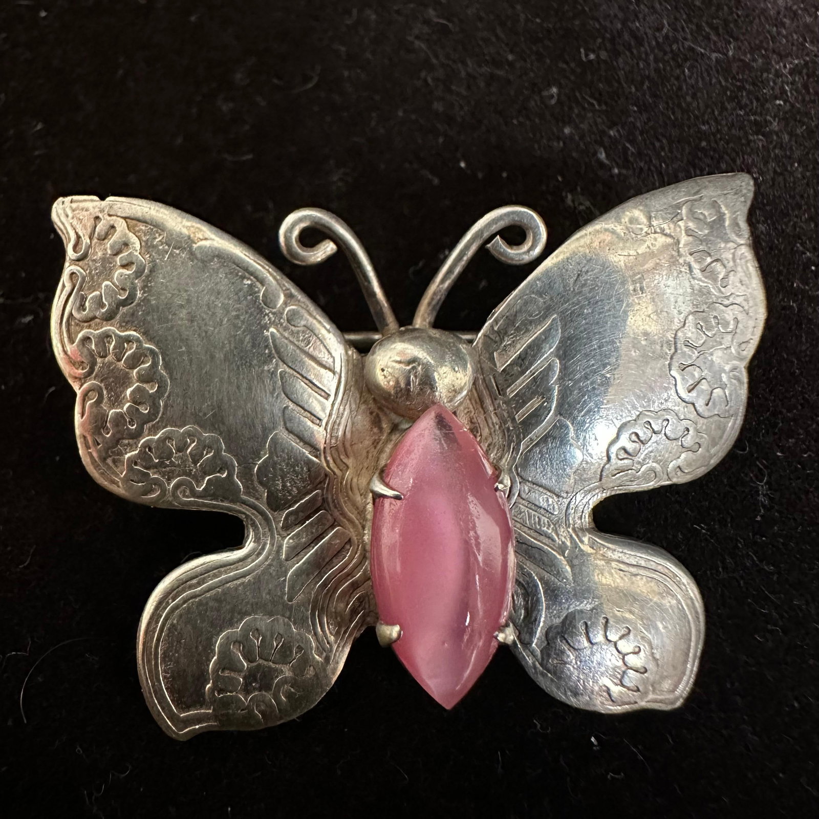Pink Moonstone Style Sterling Silver Butterfly Brooch Pin: This item is in good pre-owned, previously used/displayed condition with noticeable light wear and surface scratches. Please reference all photos for full details. This piece of jewelry has been teste