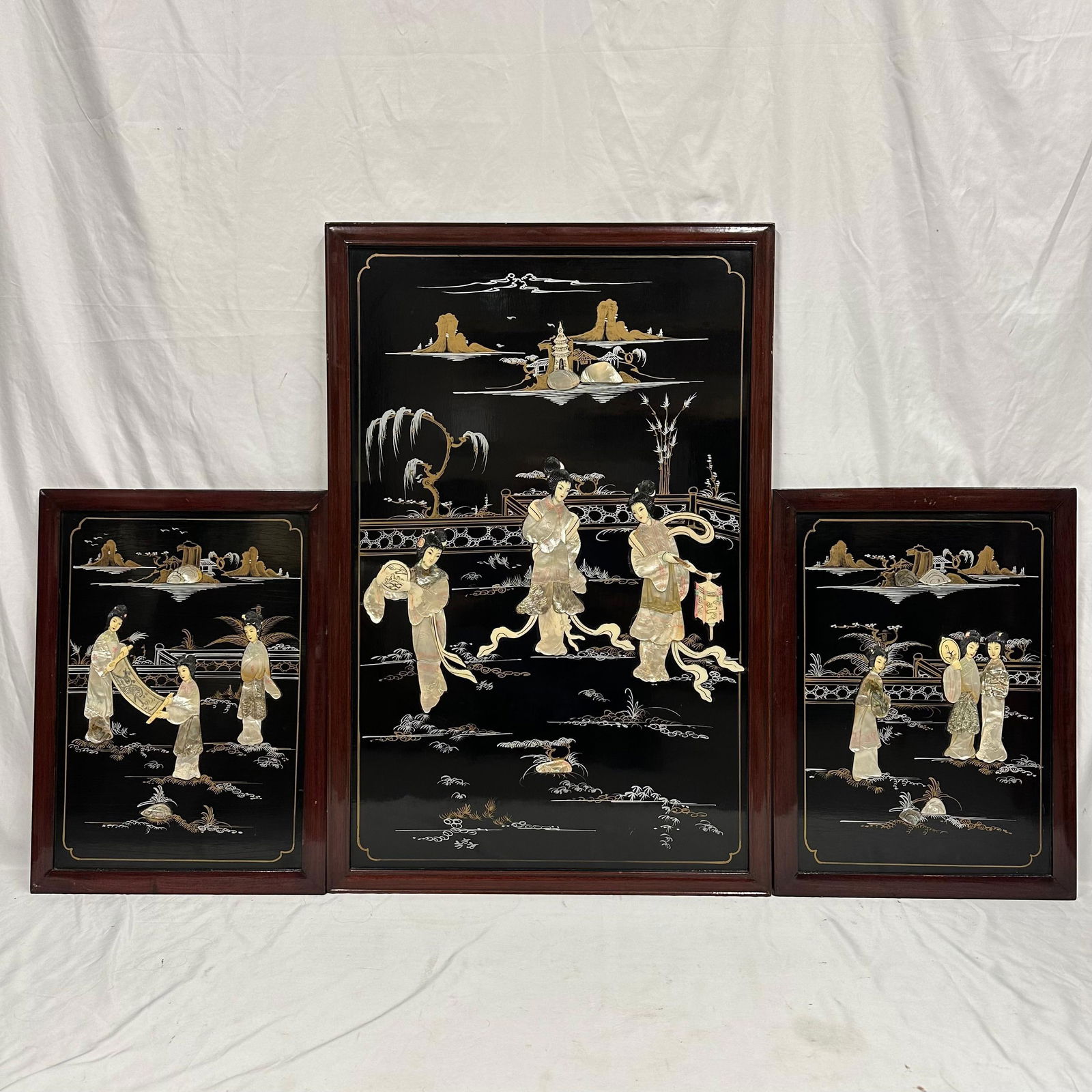Asian Lacquer Wall Panels with Mother of Pearl Inlay Lady Palace Design Style Relief Art Set of (1 of 11)