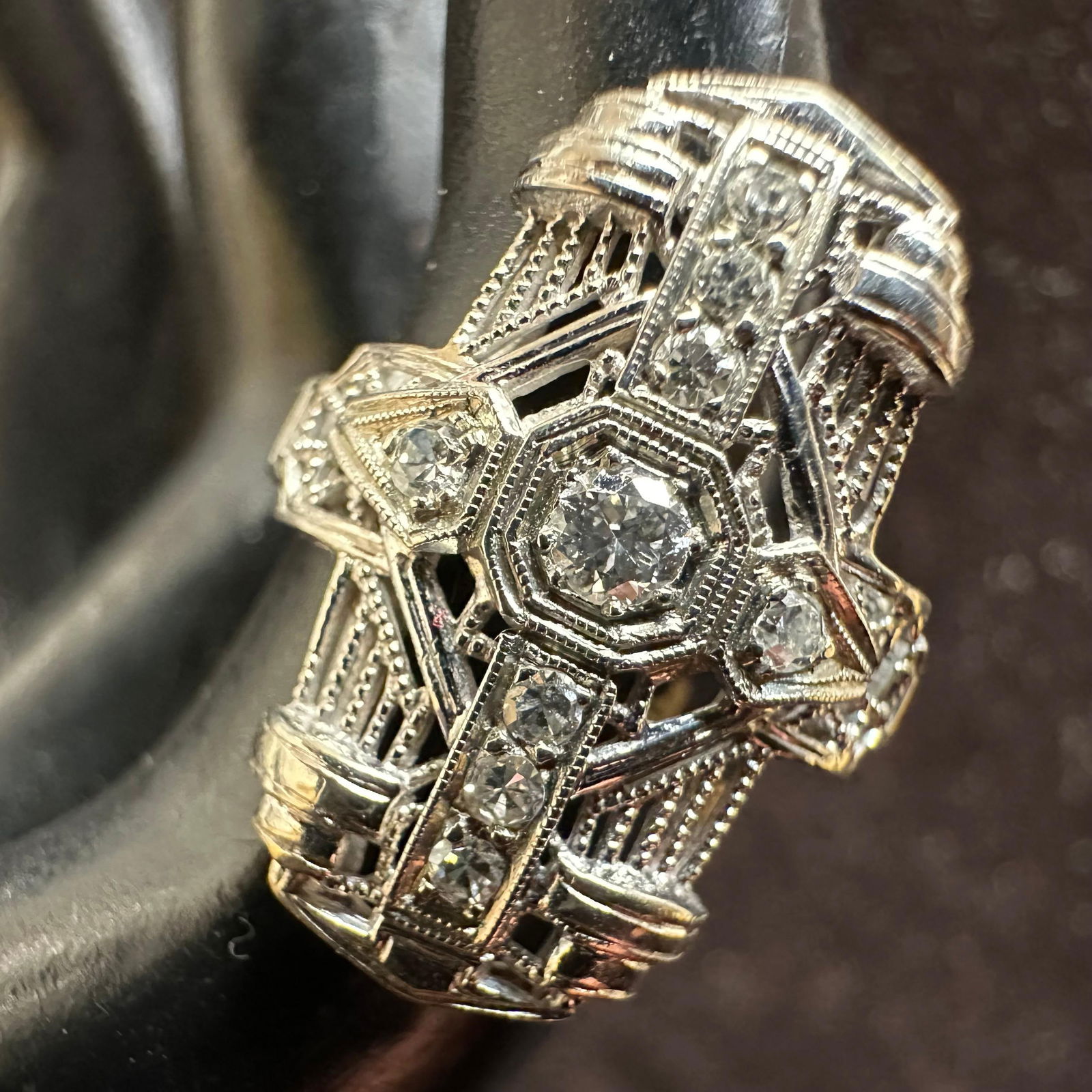 Art Deco Style Cocktail 18K Gold Diamond Ring Size 3: This item is in good pre-owned, previously used/displayed condition with noticeable light wear and surface scratches. Please reference all photos for full details. This piece of jewelry has been teste