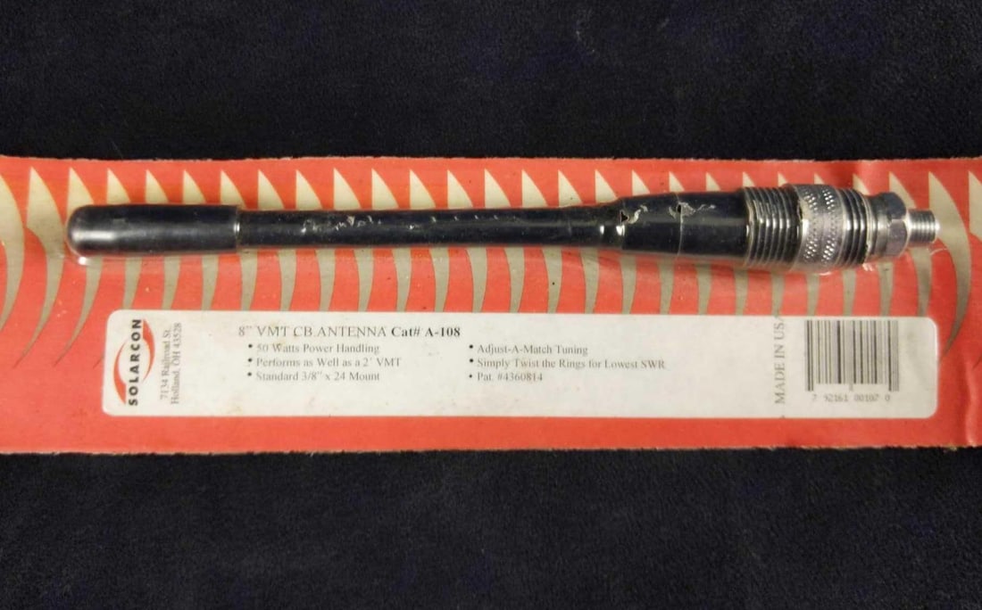 Solarcon A-108 Tunable CB Antenna: 8" VMT CB Antenna by Solarcon. 50 Watts Power Handling. Performs as well as a 2" VMT. Standard 3/8" x 24 Mount. Adjust A Match Tuning,. Simply Twist The Rings For The Lowest SWR. Comes in original