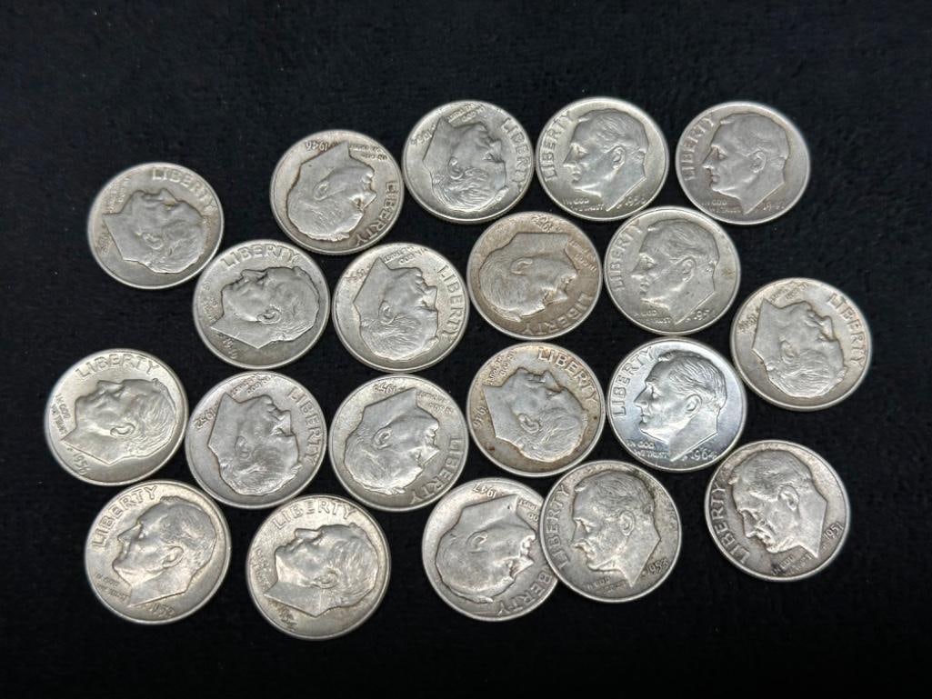 Lot of 20 Silver Roosevelt Dimes: Lot of 20 Silver Roosevelt Dimes These coins have been tested and researched to the best of our ability prior to listing. Please view photos, as they are a part of the condition. DETAILS: Metal - .90