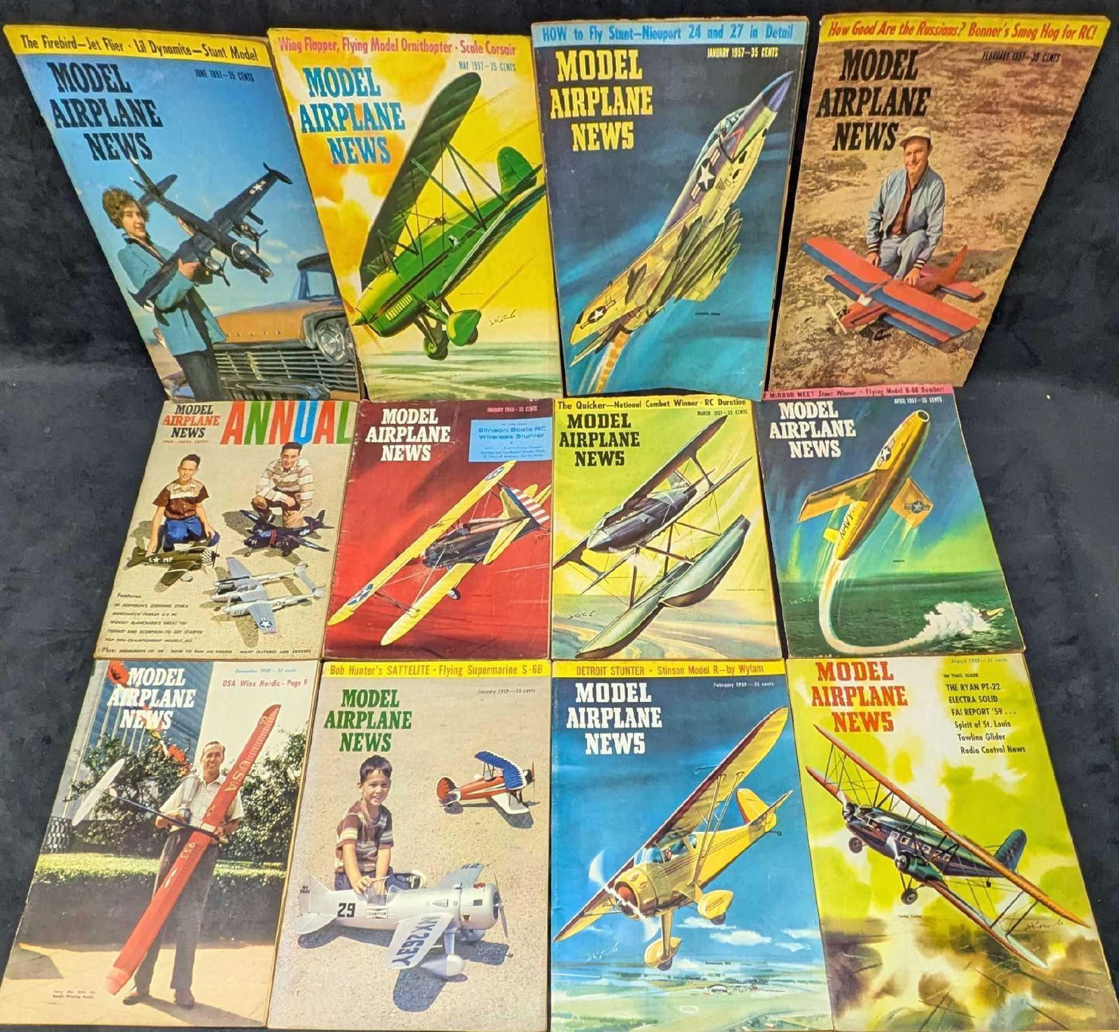 12 1950s Model Airplane News Magazines: 12 1950s Model Airplane News Magazines. This lot includes: Jan 1959, December 1959, February 1959, March 1959, 1960 Annual, April 1957, January 1960, March 1957, June 1957, May 1957, January 1957, an
