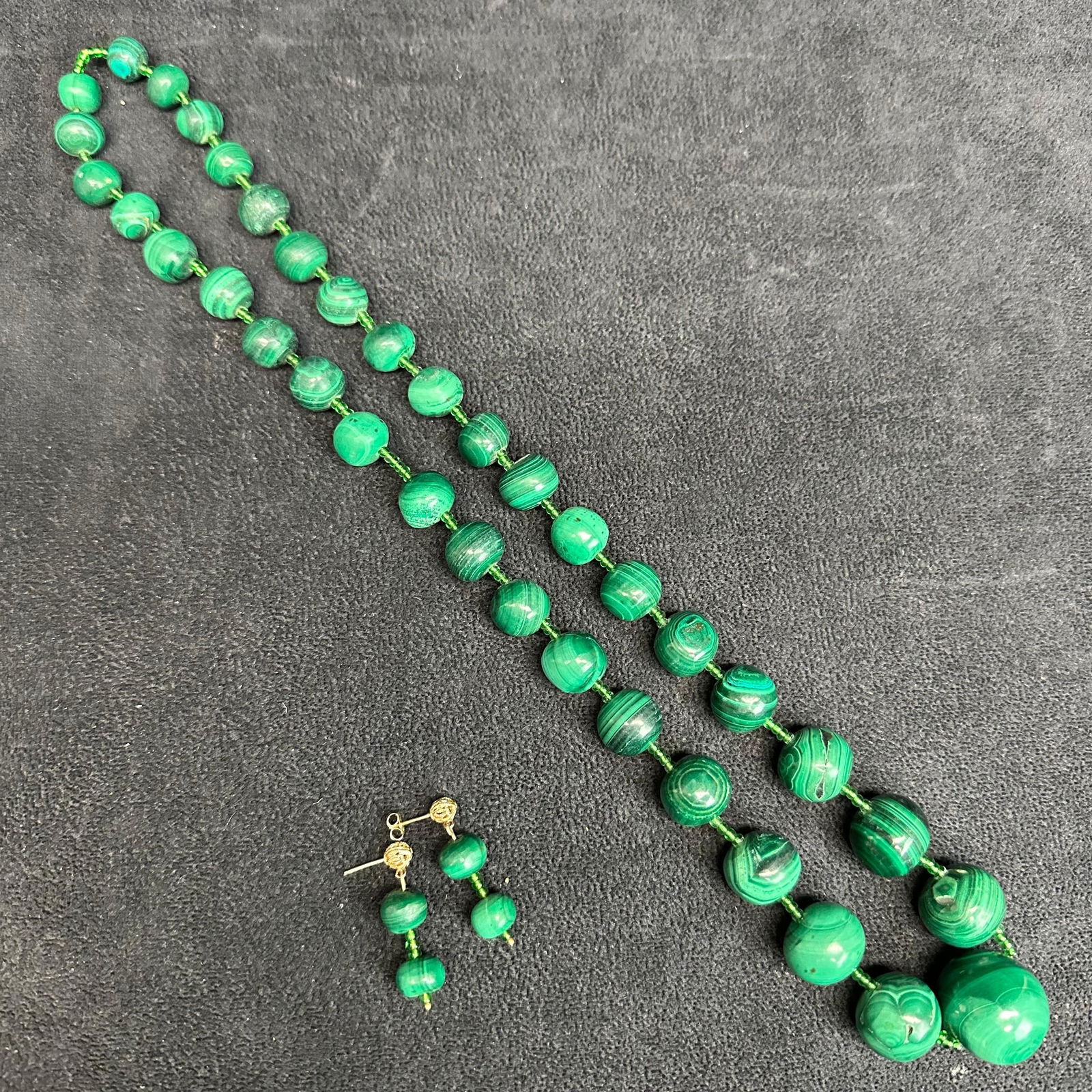 Natural Malachite Bead Necklace and Earrings Set 14K Gold Findings Clasp L13 (1 of 15)