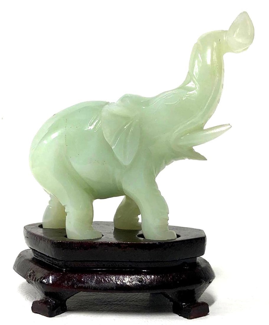 Mini Elephant Sculpture with Wood Stand - Carved Jade (1 of 8)