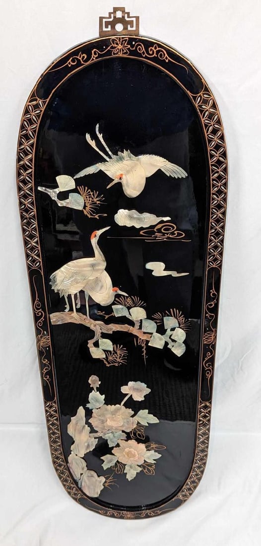Chinese Oval Framed Mother Of Pearl Black Lacquer Wall Art (1 of 5)