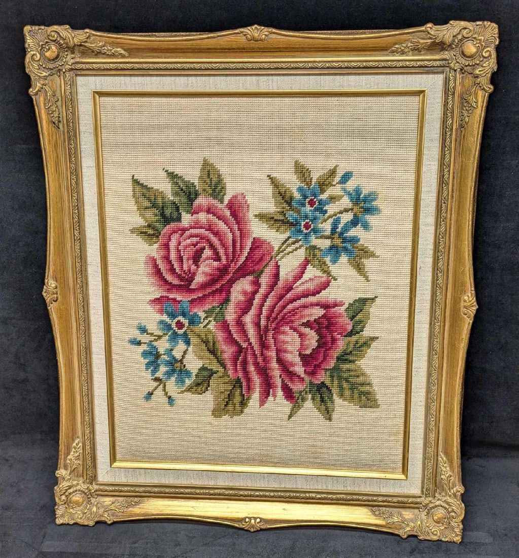 Vintage Framed Pair Of Roses Needlepoint Completed: Vintage Framed Pair Of Roses Needlepoint Completed. This is 21" x 1 1/4" x 25 1/2" and it weighs 5.30lbs. There is some discoloration on the light sections due to age. Please see the images as