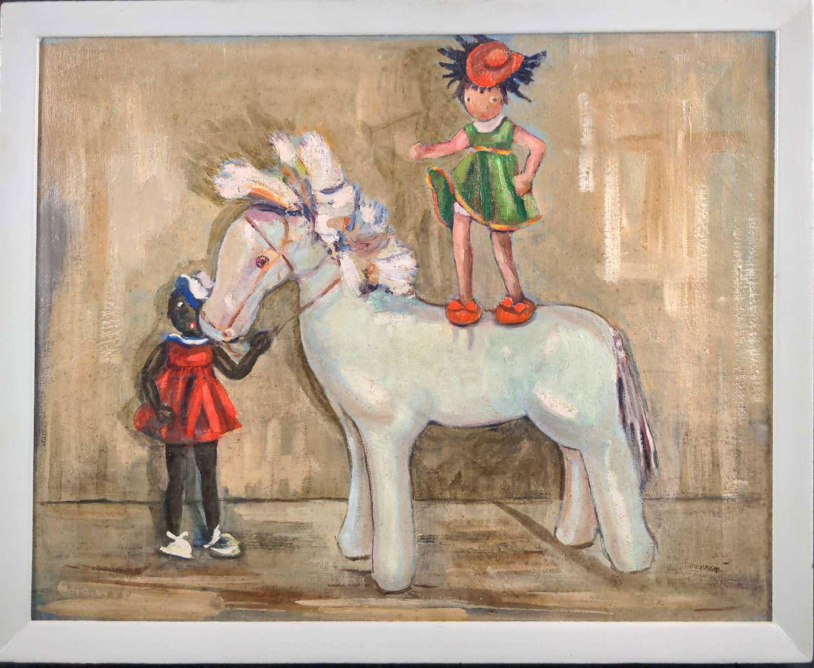 Original Winifred Johnson Clive Oil On Canvas X1: "Untitled" Original Oil On Canvas by Winifred Johnson Clive. Shows two girl dolls along with one big horse doll. Framed original is approx 21 1/2" x 1" x 17". Original canvas is