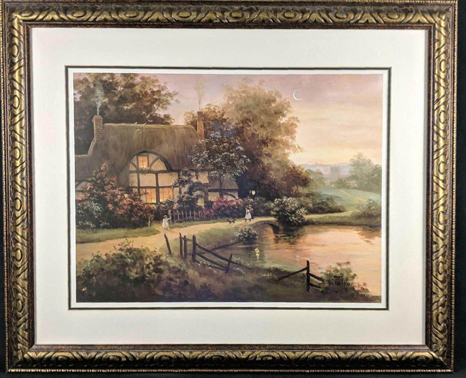 Framed Coming Home Print by Christa Kieffer Cottage: Here is an open edition print of Christa Kieffer's "Coming Home". The Estate Signature (Copied signature) is on the bottom right. Framed print is approx 35" x 2" x 29". Print