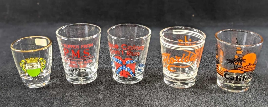 5 Vintage Shot Glass Shot Glasses: This lot includes: (1) Florida. This is approx 2" x 2" x 2 1/4".(1) Florida PMS. This is approx 2" x 2" x 2 1/4".(1) California. This is approx 2" x 2" x 2