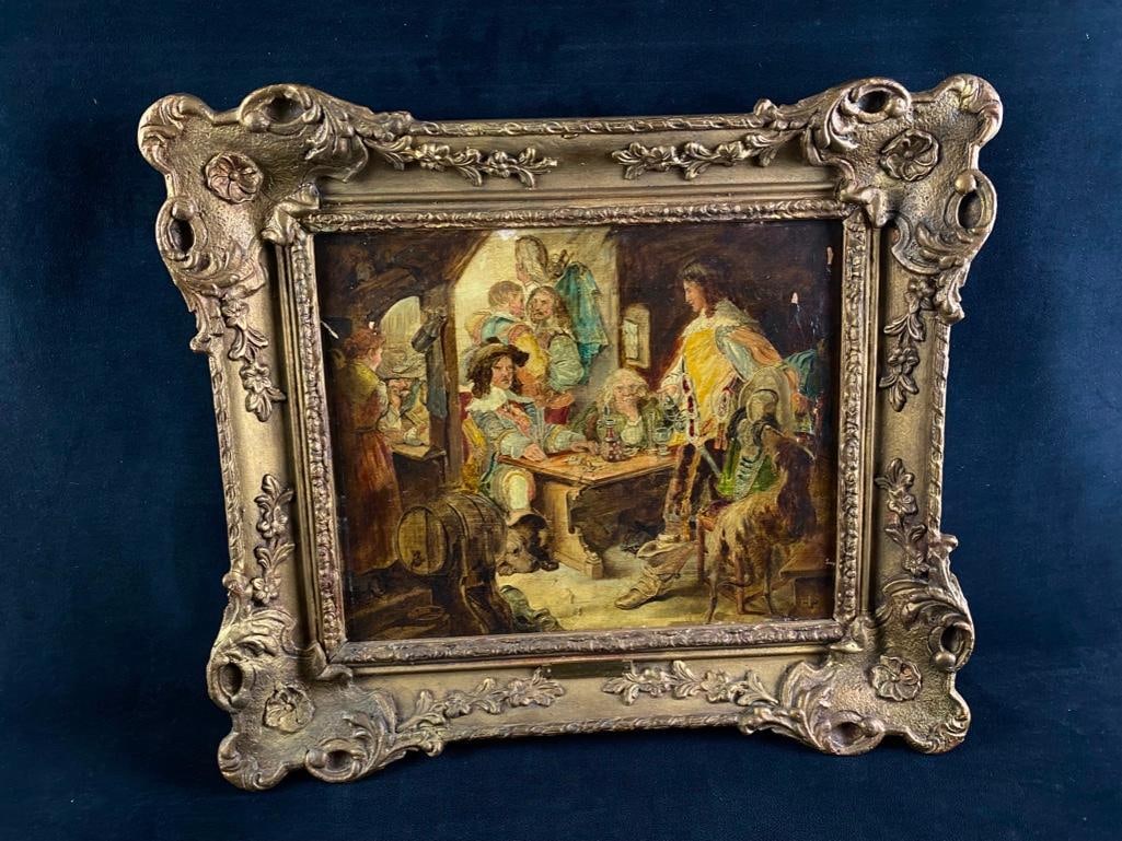 John Finnie Signed Oil on Canvas - Tavern Scene: John Finnie Signed Oil on Canvas - Tavern Scene Oil on canvas by John Finnie, a late 19th century Scottish painter. The initials RSA under his name on the canvas suggests that this painting was