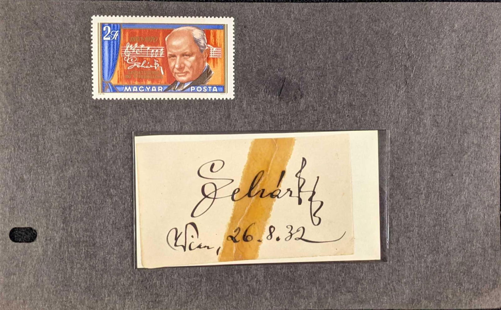 Cut Composer Franz Lehár Autograph With Stamp: This lot comes with: (1) Cut Franz Lehár Autograph. This is approx 4" x 2 1/2". This appears to have been cut in half and taped together.(1) Hungary Birth Centenary of Franz Lehar composer